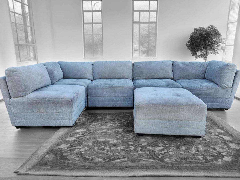 Thomasville 6 Piece Modular Sectional Couch Sofa with Ottoman in Gray