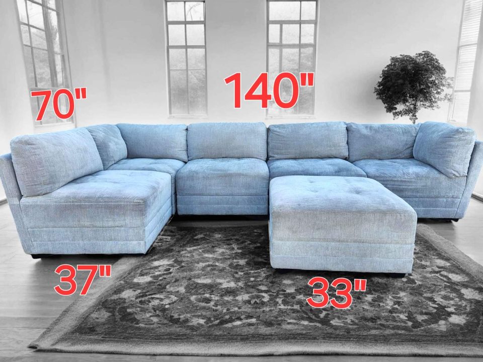 Thomasville 6 Piece Modular Sectional Couch Sofa with Ottoman in Gray